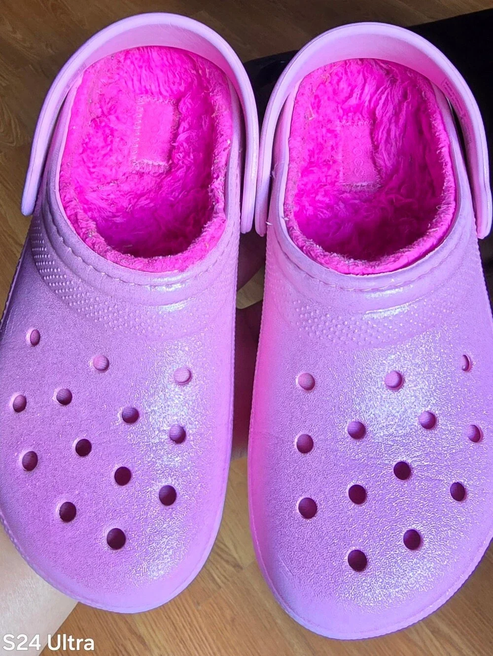 Sz 3 Little Girl's CROCS CLASSIC LINED Pink Glitter Comfort Clogs